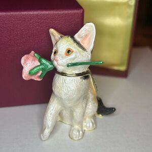 Cat with Rose - Enamel & Crystal Trinket Keeper Box Tchotchke Figure